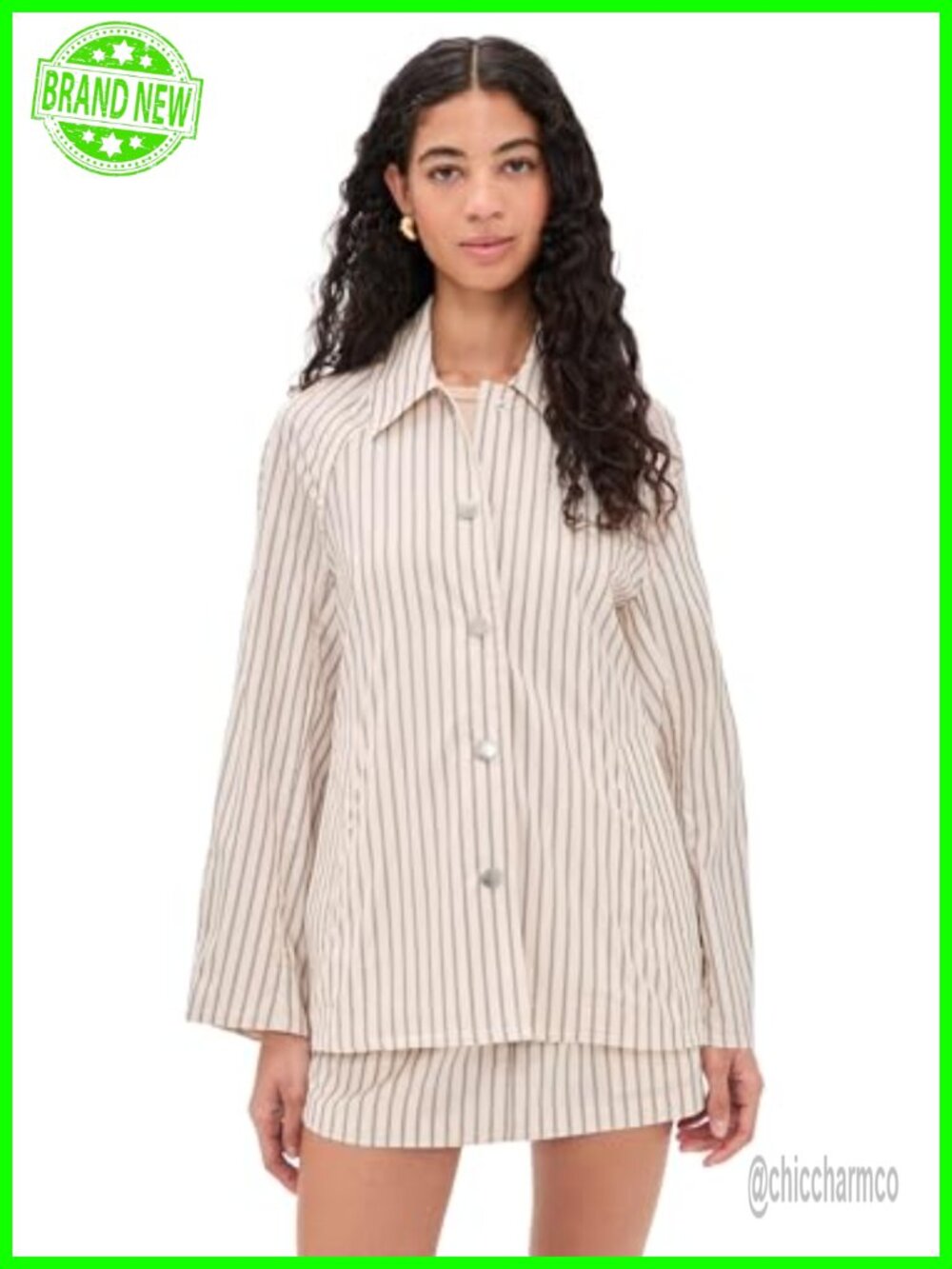 Women's Striped Cotton Cropped Trench Coat Long Sleeve Button